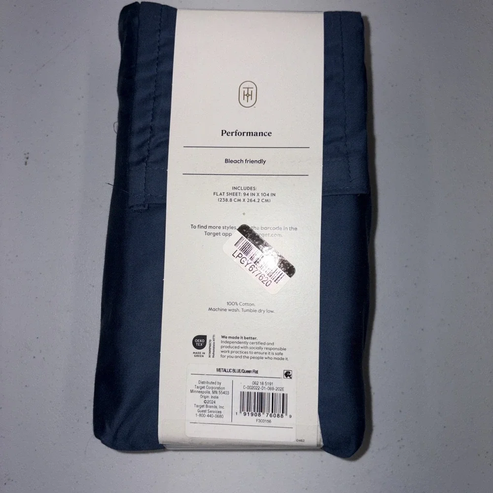 Threshold Performance 100% Cotton Sateen QUEEN Flat Sheet Blue 400 TC Smooth